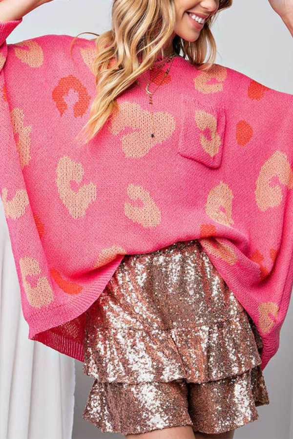 Rose Printed Leopard Chest Pocket Ribbed Trim Baggy Sweater