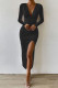 Black V Neck Smocked Split Dress