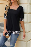 Plain Square Neck Leopard Patchwork Short Sleeves Top