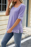 Plain Square Neck Leopard Patchwork Short Sleeves Top