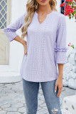 Plain Eyelet Pattern V Neck Ruffles Sleeves Top