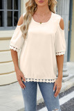 Plain Cold Shoulder Lace Edge Short Sleeves Top