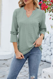 Plain Eyelet Pattern V Neck Ruffles Sleeves Top