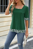 Plain Square Neck Leopard Patchwork Short Sleeves Top