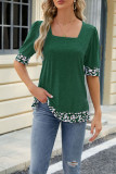 Plain Square Neck Leopard Patchwork Short Sleeves Top
