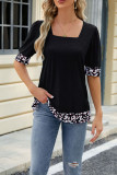 Plain Square Neck Leopard Patchwork Short Sleeves Top