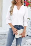 Plain Eyelet Pattern V Neck Ruffles Sleeves Top
