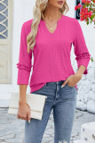 Plain Eyelet Pattern V Neck Ruffles Sleeves Top