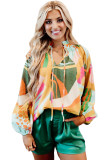 Yellow Printed Abstract Print Balloon Sleeve Notched Neck Blouse