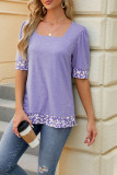 Plain Square Neck Leopard Patchwork Short Sleeves Top