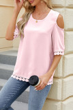 Plain Cold Shoulder Lace Edge Short Sleeves Top