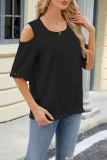 Plain Cold Shoulder Lace Edge Short Sleeves Top