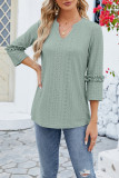 Plain Eyelet Pattern V Neck Ruffles Sleeves Top