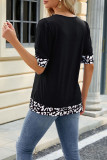 Plain Square Neck Leopard Patchwork Short Sleeves Top