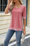 Plain Square Neck Leopard Patchwork Short Sleeves Top