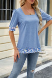 Plain Square Neck Leopard Patchwork Short Sleeves Top
