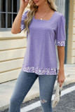 Plain Square Neck Leopard Patchwork Short Sleeves Top
