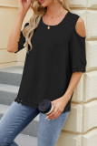 Plain Cold Shoulder Lace Edge Short Sleeves Top