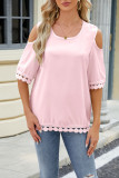 Plain Cold Shoulder Lace Edge Short Sleeves Top