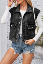 Washed Pockets Button Sleeveless Denim Jacket