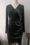 Plain V Neck Ruched Glitter Velvet Bodycon Dress