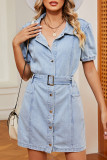 Washed Pockets Button Denim Dress With Sash