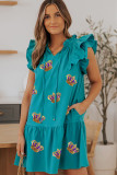 Green Mardi Gras Sequin Crown Tiered Ruffled Sleeve Mini Dress