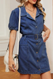 Washed Pockets Button Denim Dress With Sash