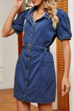 Washed Pockets Button Denim Dress With Sash