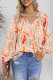 Orange Printed Boho Print V Neck Ruched Bishop Sleeve Blouse