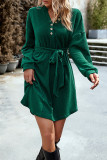 V Neck Button Tie Waist Ruffle Dress