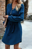 V Neck Button Tie Waist Ruffle Dress