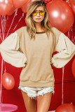 Smoke Gray Textured Patchwork Crew Neck Puff Sleeves Blouse