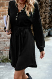 V Neck Button Tie Waist Ruffle Dress