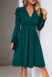Plain Wrap V Neck Puff Sleeves High Waist Dress