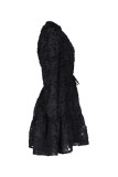 Plain Flocked Button Up Dress With Sash
