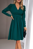Plain Wrap V Neck Puff Sleeves High Waist Dress