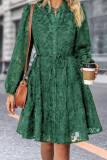 Plain Flocked Button Up Dress With Sash