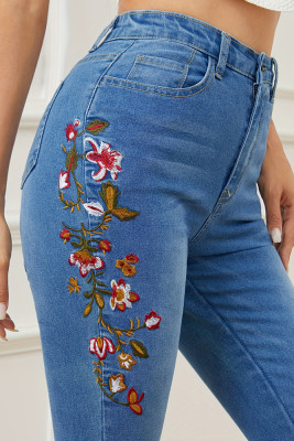 Embroidery Floral Patchwork Skinny Jeans Pants