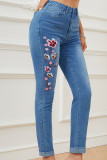 Embroidery Floral Patchwork Skinny Jeans Pants