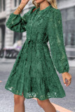 Plain Flocked Button Up Dress With Sash