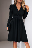 Plain Wrap V Neck Puff Sleeves High Waist Dress