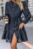 Plain Flocked Button Up Dress With Sash