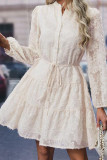 Plain Flocked Button Up Dress With Sash
