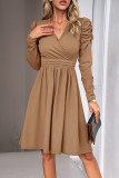 Plain Wrap V Neck Puff Sleeves High Waist Dress