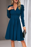 Plain Wrap V Neck Puff Sleeves High Waist Dress