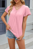Plain V Neck Ruffle Sleeves Top