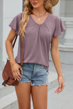 Plain V Neck Ruffle Sleeves Top