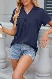 Plain V Neck Turn Down Collar Short Sleeves Top