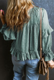 Mint Green Swiss Dot Lace up V Neck Ruffled Blouse
